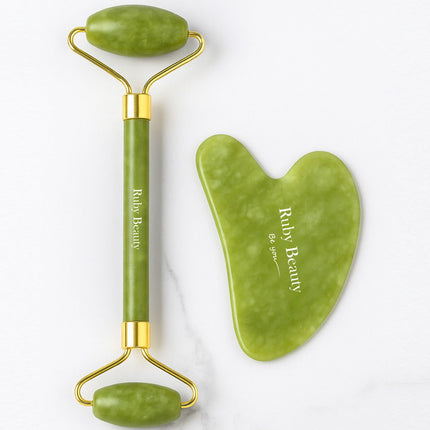 Ruby Beauty Facial Jade Roller Set – Natural Green Jade with Gua Sha Tool Rb 074